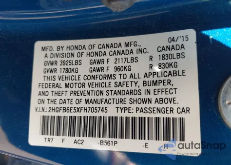 2015 Honda Civic Si z USA, uszkodzony, nr VIN 2HGFB6E5XFH705745